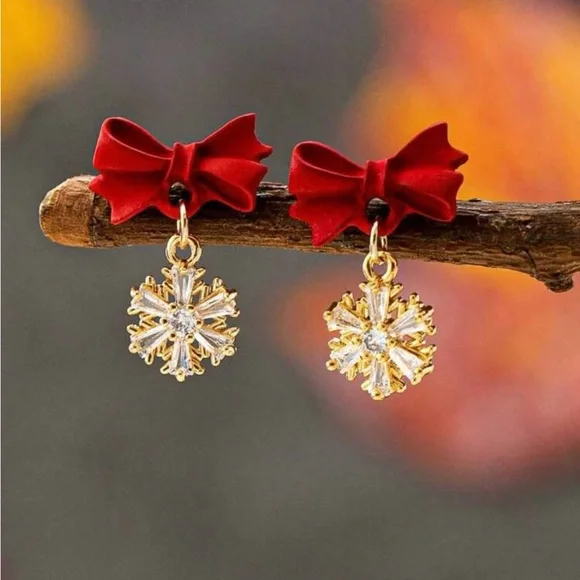 Chic Red Bow Earrings with Crystal Charm - Picture 2 of 3